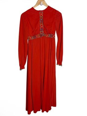 Vintage 1970s handmade orange empire waist embroidered long sleeve maxi dress